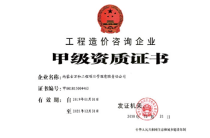 工程造价征询《甲级资质证书》